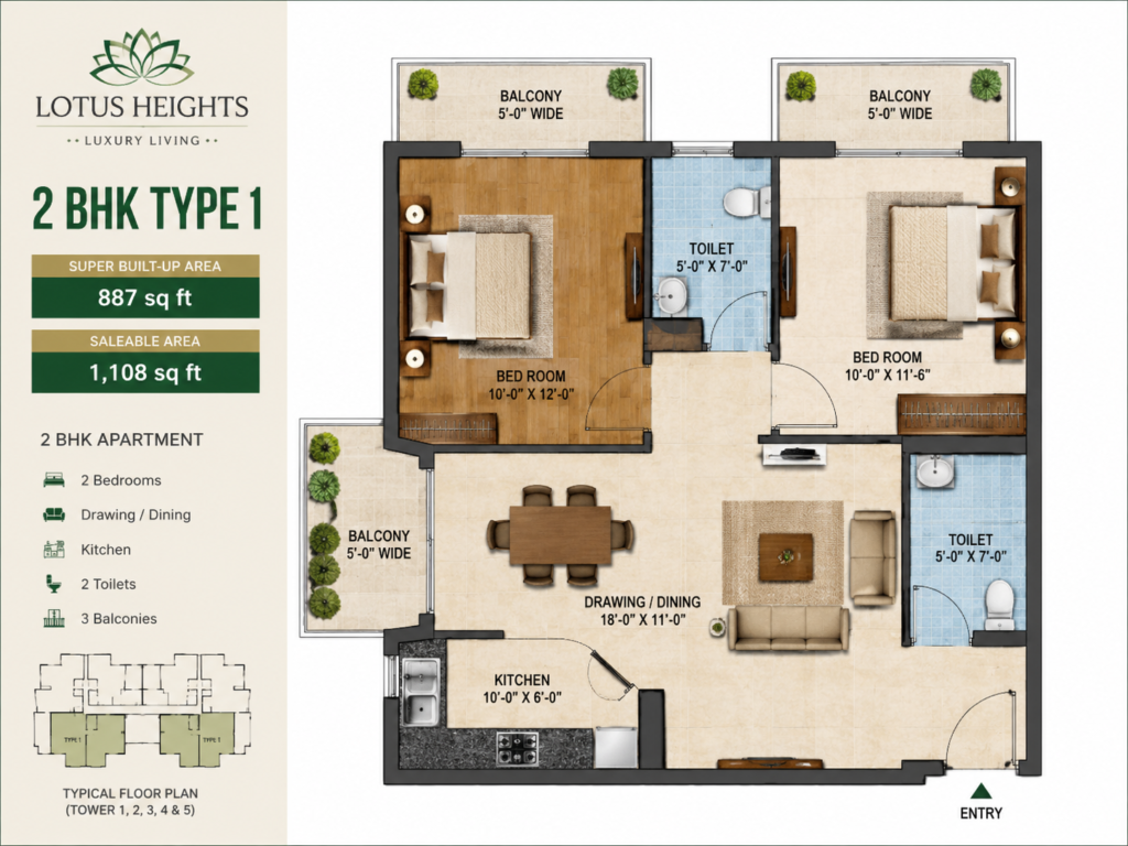 Lotus Heights 2 BHK Type 1 floor plan – 887 sq ft Super Built-Up Area
