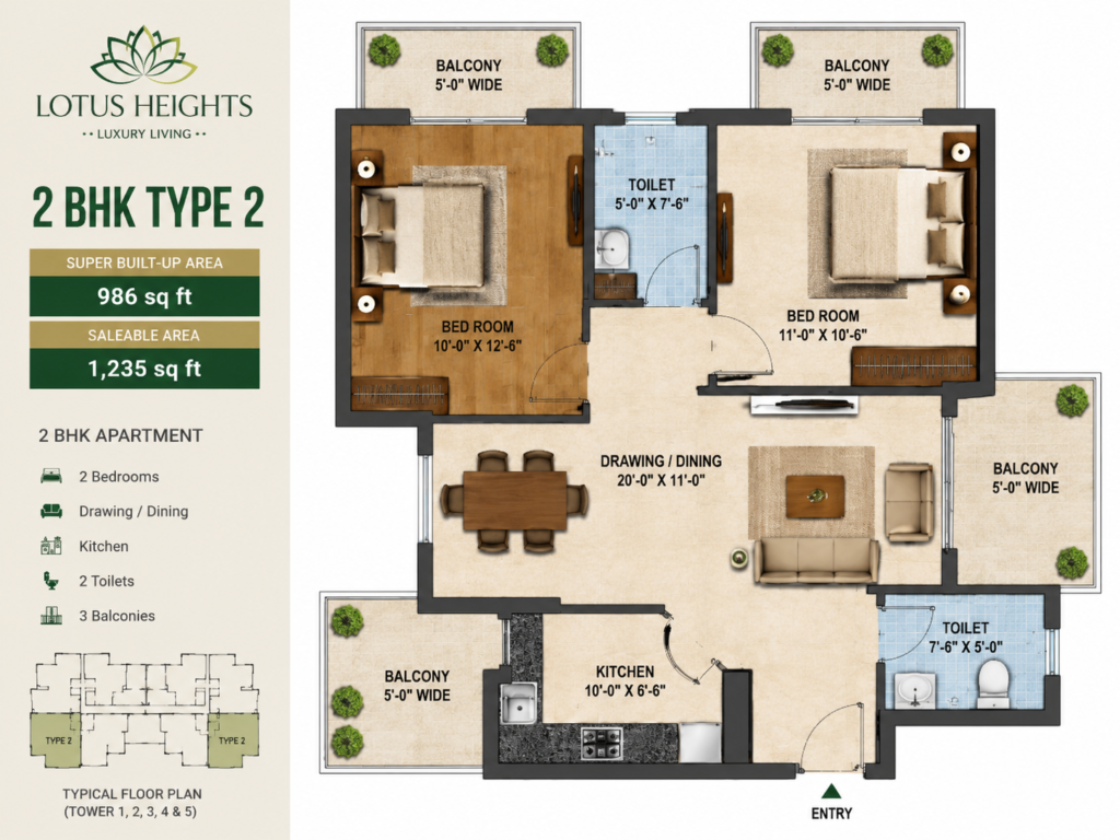 2 BHK Type 2 floor plan at Lotus Heights, 986 sq ft super built-up area