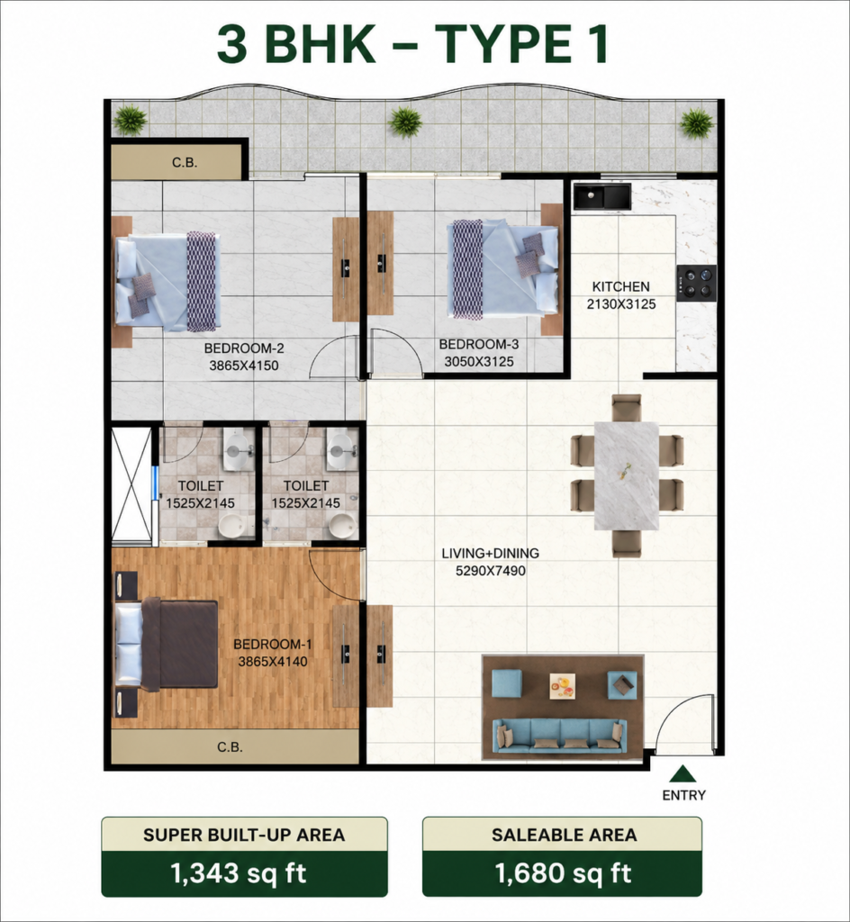 Lotus Heights 3 BHK Type 1 floor plan – 1,343 sq ft super built-up area