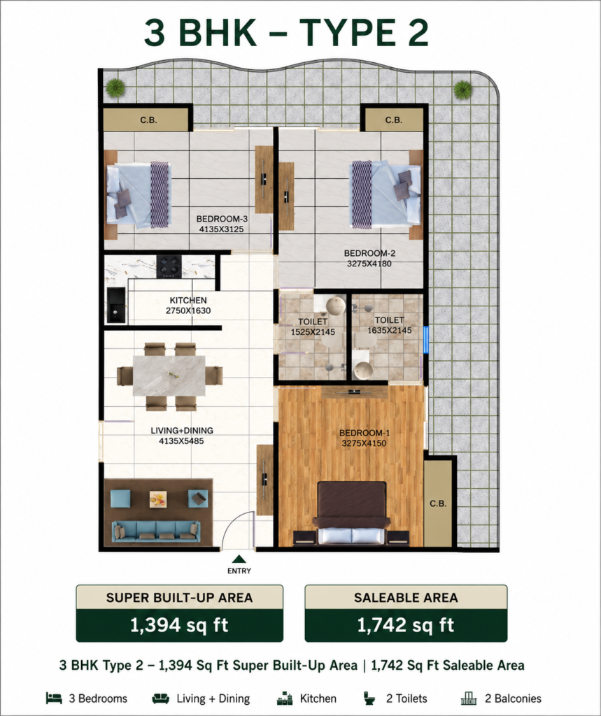 Lotus Heights 3 BHK Type 2 floor plan – 1,394 sq ft super built-up area